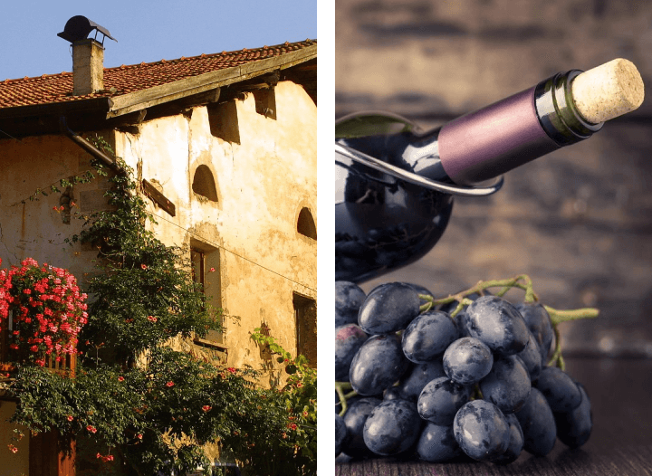 A picture of an old building and grapes.